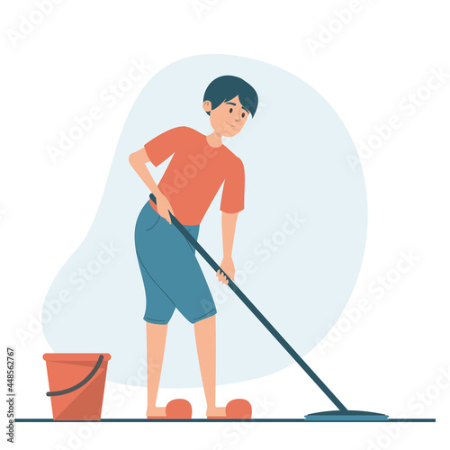 Man washing floor at home vector isolated. Illustration of a guy doing domestic work. Male character holding mop, red bucket with water standing near.
