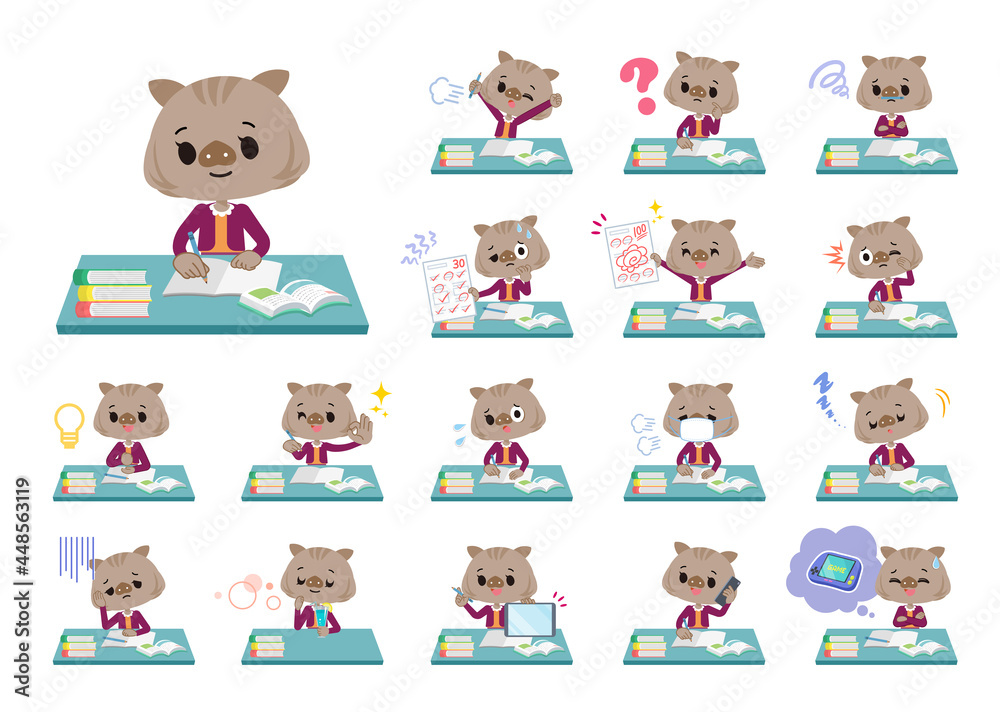 勉強に関するイノシシの女の子のセット