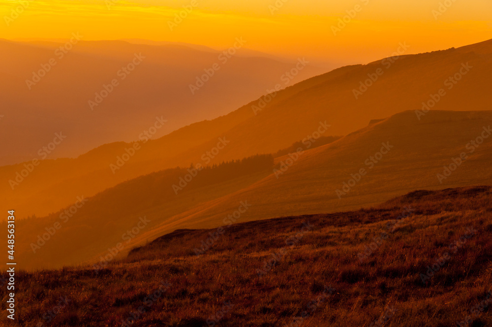 Sunrise seen from the summit of Połonina Wetlińska towards the Bieszczady peaks and the summit of Połonina Caryńska, the Bieszczady forest, the Bieszczady mountains, the Carpathians