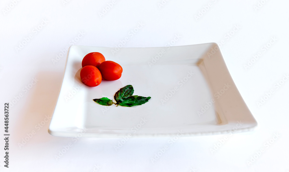 Tomatoes and basil served on a white plate on a white background. Tomatoes and basil served on a white plate on a white background.