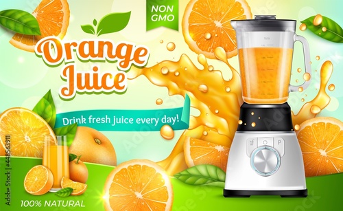 Realistic Detailed 3d Orange Juice with Electric Juicer Ads Banner Concept Poster Card. Vector illustration