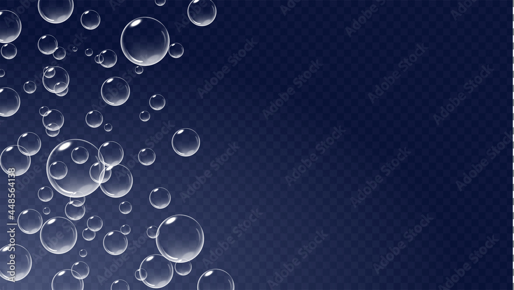 Floating bubbles isolated on dark transparent background. Fizzy air underwater. Vector realistic illustration.