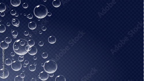 Floating bubbles isolated on dark transparent background. Fizzy air underwater. Vector realistic illustration.