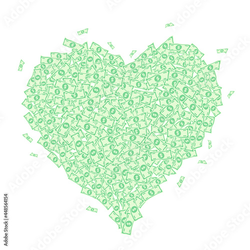 Heart shape made up of many cash banknotes paper money valentine's holiday. Love of money and wealth. Happy Valentine's Day. Luck happiness