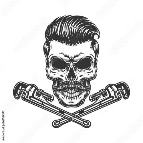 Crossed pipe wrenches and mustached skull
