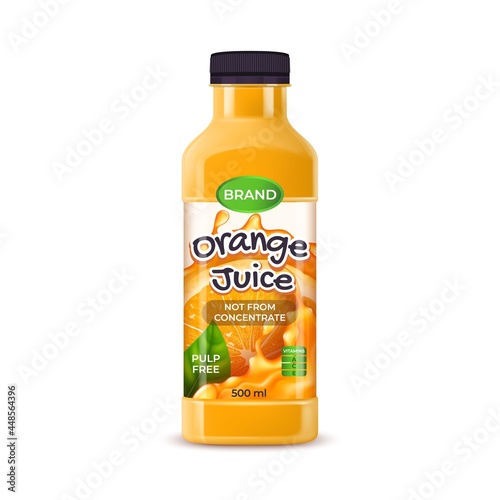 Realistic Detailed 3d Orange Juice Plastic Bottle Isolated on a White Background. Vector illustration of Beverage Citrus Fruit