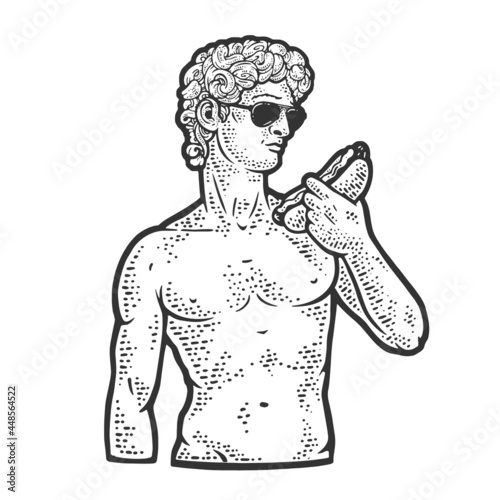 statue of david with hot dog sketch engraving vector illustration. T-shirt apparel print design. Scratch board imitation. Black and white hand drawn image.