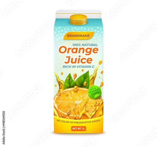 Realistic Detailed 3d Orange Juice Pack Isolated on a White Background. Vector illustration of Packaging Beverage Citrus Fruit