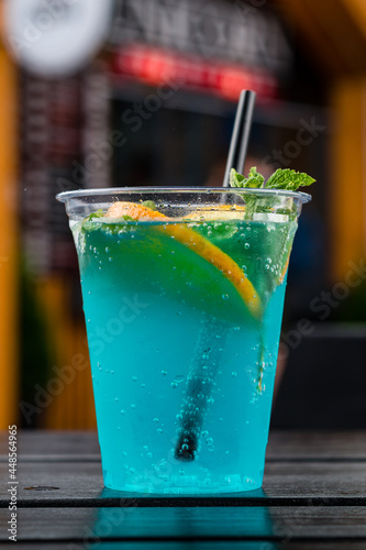 glass of Iced blue hawaii soda on table Blue Lagoon Cocktail