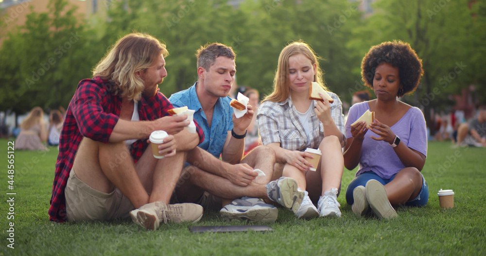 Diverse group of young people sitting on grass and eating sandwiches with coffee during picnic in park Diverse group of young people sitting on grass and eating sandwiches with coffee during picnic in park
