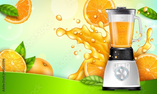 Realistic Detailed 3d Juicer Mixer with Drink Fresh Orange Citrus Fruit and Splash Juice on a Background. Vector illustration