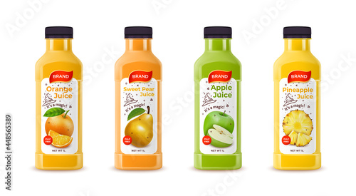 Realistic Detailed 3d Fresh Juice Plastic or Glass Bottle Set Include of Orange, Apple, Pear and Pineapple. Vector illustration
