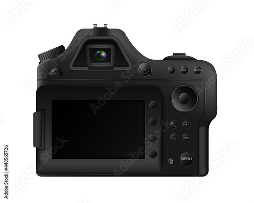 Black digital camera template. Professional gadget with push button settings interface