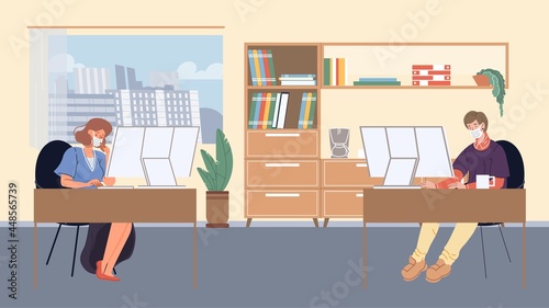 Vector flat cartoon employee characters in face masks busy with workflow in office workspace during coronavirus pandemic quarantine-covid prevention and protection,social distancing medical concept
