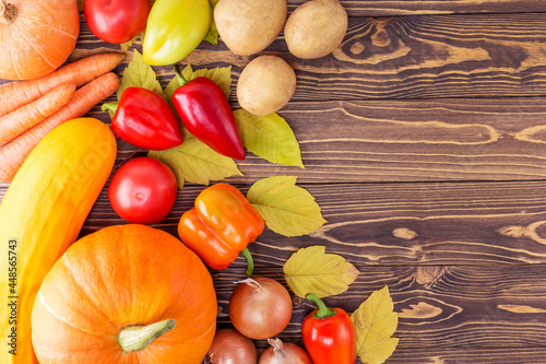 Fresh organic vegetables on wooden surface with copy space. Top view. Autumn harvest concept.