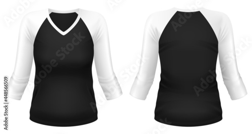V-neck 3/4 sleeve raglan t-shirt template. Front and back views. Vector illustration.