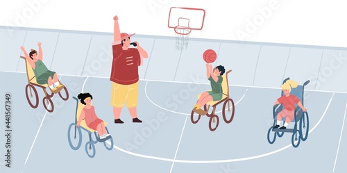 Vector cartoon flat characters,happy smiling children athletes with disabilities,physical disorder playing basketball-disabled sport,equal human rights,healthy society,social justice concept design