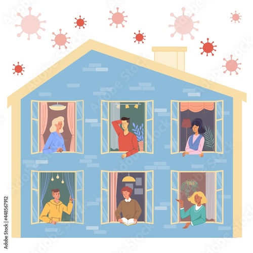 Vector flat cartoon characters in windows at home quarantine-happy people rejoice and communicate in safety during viral infection pandemic.Coronavirus protection,covid prevention,social concept