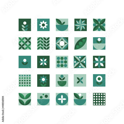 Flat icons square micro green set for decoration design. Isolated vector illustration. Organic natural shape. Abstract icon graphic.