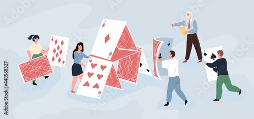 Vector flat cartoon characters teamwork metaphor.Successful team of startup business employees building huge house of cards-goal achievment symbol of team victory success,web online design concept photo