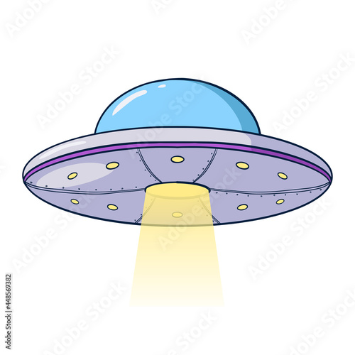 Cartoon UFO Illustration. Hand drawn Flying saucer template for logo, emblem, Web design, nursery decor, Print, Sticker, Card