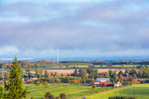 Countryside view with farms and fields in autumn