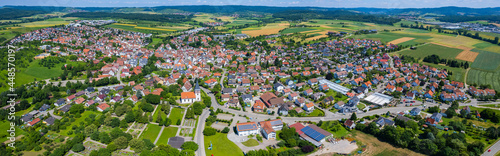 Aerial view around the village Aspach in Germany. On sunny day in spring