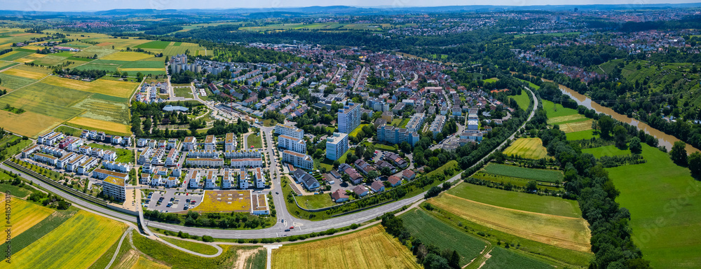 Aerial view around the city Neckarweihingen in Germany. On sunny day in spring