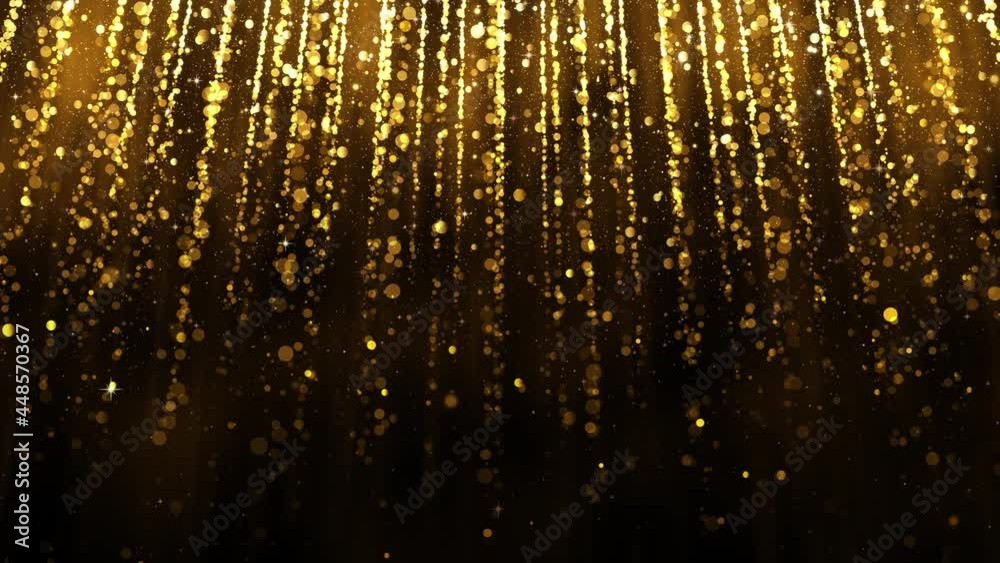 Background with falling gold glitter particles. Rain of golden confetti with magic light, glamour. Beautiful animated christmas background. Seamless loop