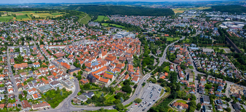 Aerial view of the old town in Bietigheim-Bissingen in Germany. On a sunny day in spring.