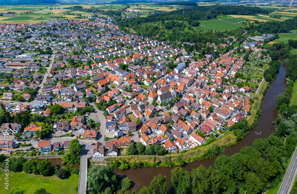 Aerial view around the old town of the city Oberriexingen in Germany. On sunny day in spring