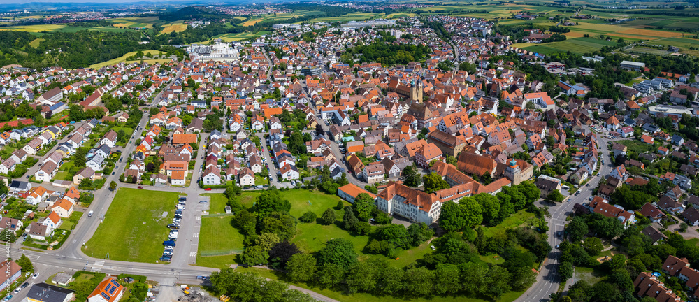 Aerial view around the old town of the city Markgröningen in Germany. On sunny day in spring