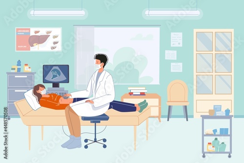 Vector flat cartoon patient,doctor characters.Physician character examines woman using ultrasound,both in face masks-medical treatment therapy during pandemic,web online banner ad concept