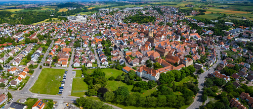 Aerial view around the old town of the city Markgröningen in Germany. On sunny day in spring