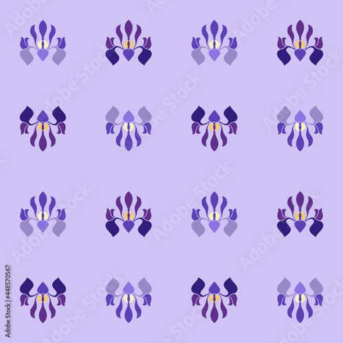 Irys - powtarzalny wzór kwiatowy. Szablon na tapety, tekstylia, kartki urodzinowe, zaproszenia, podziękowania. Botaniczne tło do projektów. Wektorowa ilustracja letnich kwiatów.