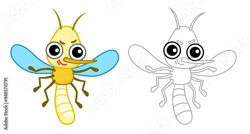 Coloring Insect for children coloring book. Funny mosquito in a cartoon style. Trace the dots and color the picture