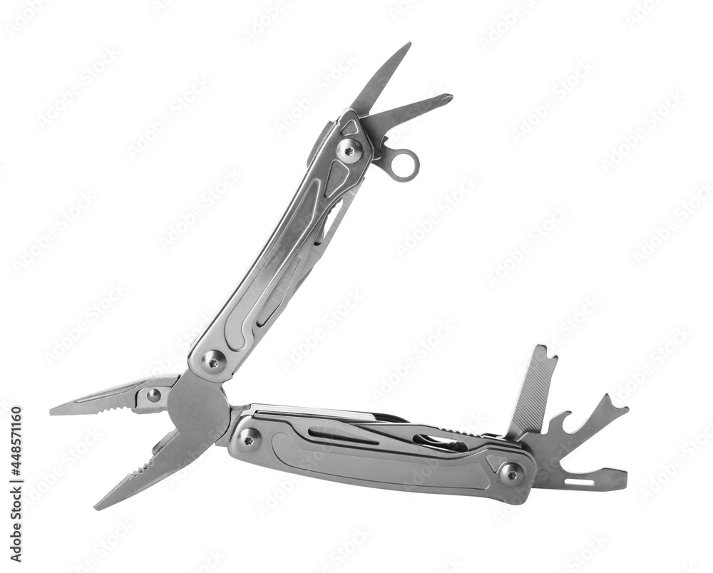 Compact portable metallic multitool isolated on white Compact portable metallic multitool isolated on white
