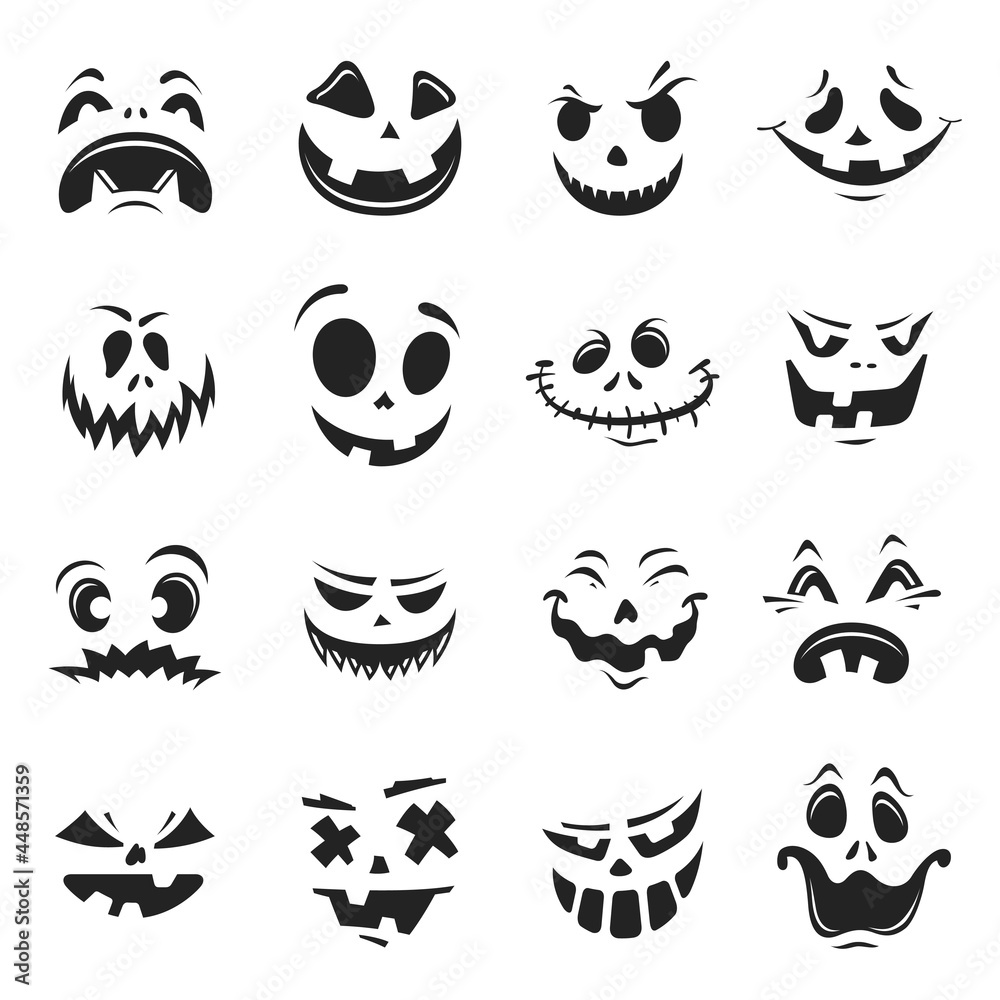 Collection of monochrome halloween pumpkin face vector flat illustration horror facial decoration Collection of monochrome halloween pumpkin face vector flat illustration horror facial decoration