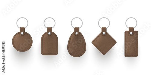 Collection realistic key chains brown leather vector illustration keychains with rings