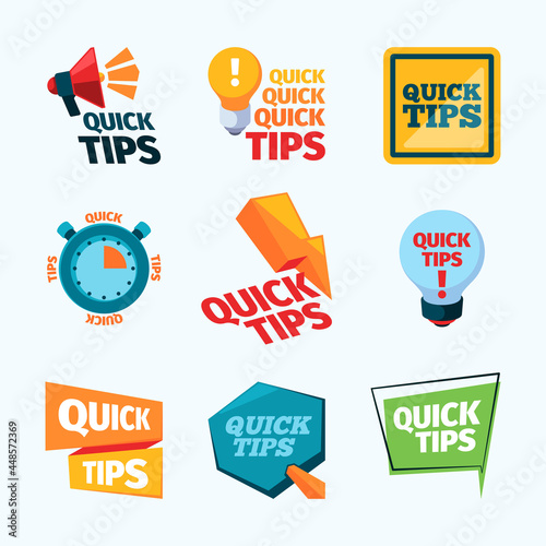 Quick tips. Creative promotional stickers label reinders with place for text think education messages garish vector ads quick tips collection