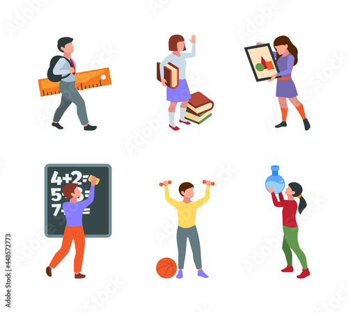 Back to school characters. Students and pupils school kids with accessories backpack pencils notebooks since symbols garish vector people in flat style