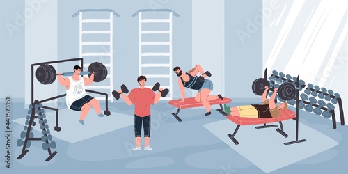 Vector flat cartoon characters enjoy sport activities at fitness gym.Athletes working out with barbell and dumbbells.Healthy sporty lifestyle,life scene,social story concept design