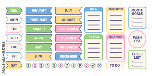 Organizer stickers. Calendar scrapbook elements for daily pages design templates journal or self planning notebook papers diary organizing labels garish vector illustrations