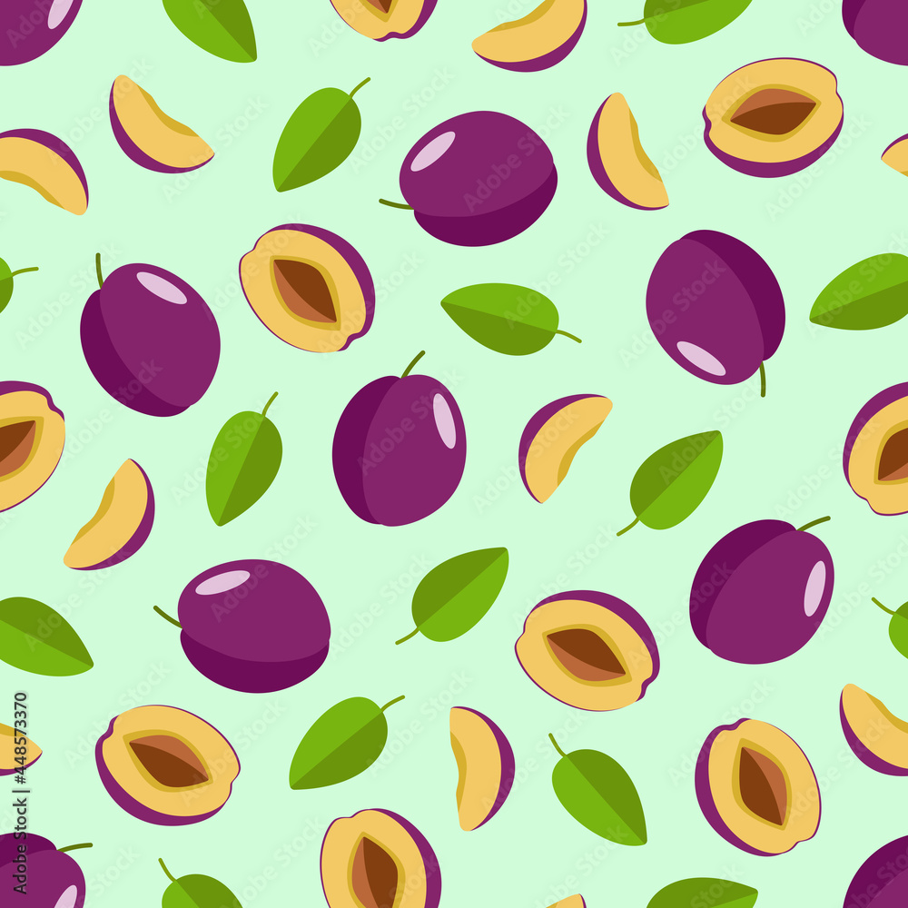 Seamless Pattern Ripe plum whole in a purple peel, half a plum with a stone and a plum slice. Vector illustration of delicious berries.