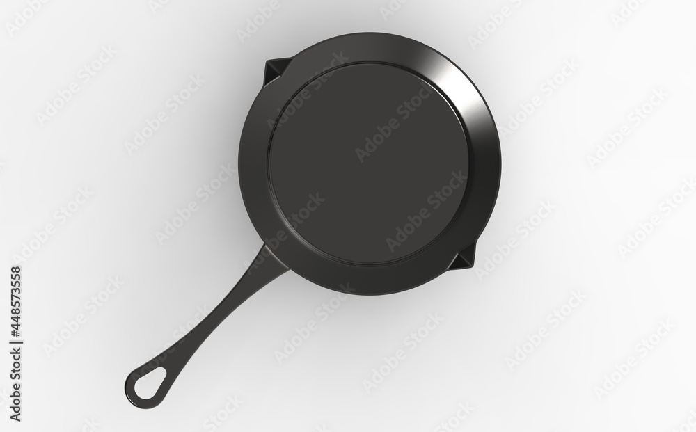 pot with a handle made of black metal on a white background. close-up. cooking device. 3d image. 3d rendering.