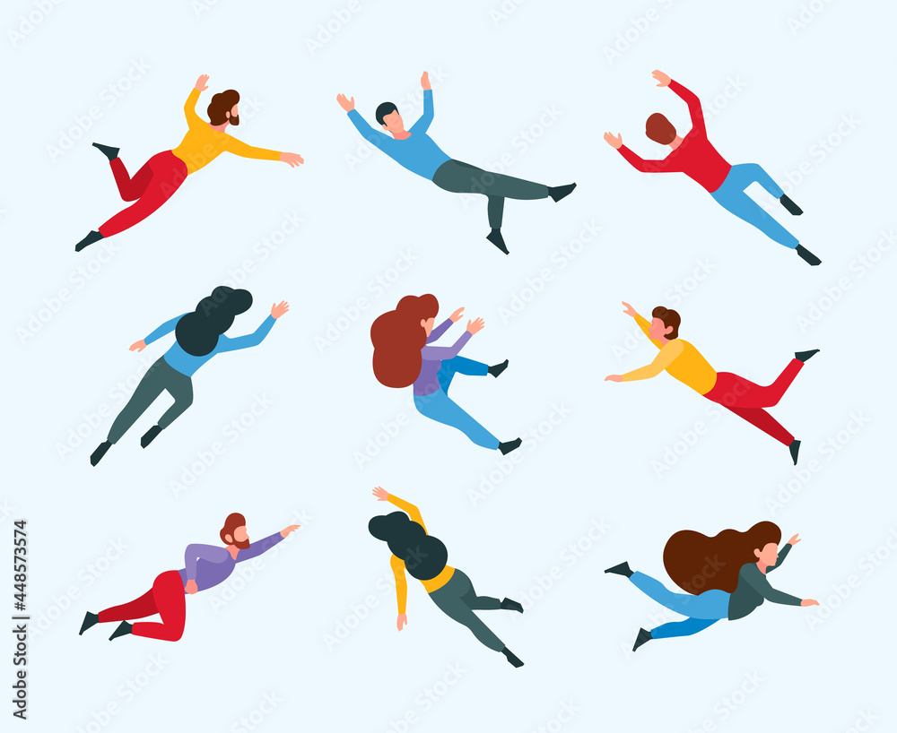 Flying persons. Moving and dreaming people in action poses sleeping and imagination space gravity freedom concept garish vector cartoon stylized characters