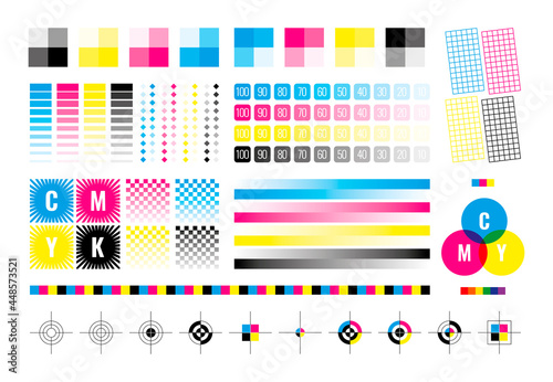 Cmyk marks. Colorful bars for color divices calibration printing house paper templates cyan yellow black garish vector illustrations collection