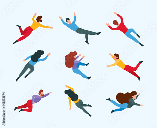 Fototapeta Naklejka Na Ścianę i Meble -  Flying persons. Moving and dreaming people in action poses sleeping and imagination space gravity freedom concept garish vector cartoon stylized characters