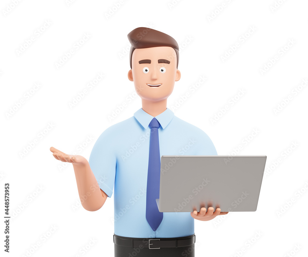 Portrait cartoon businessman character hold laptop and make presentation isolated over white background. Portrait cartoon businessman character hold laptop and make presentation isolated over white background.