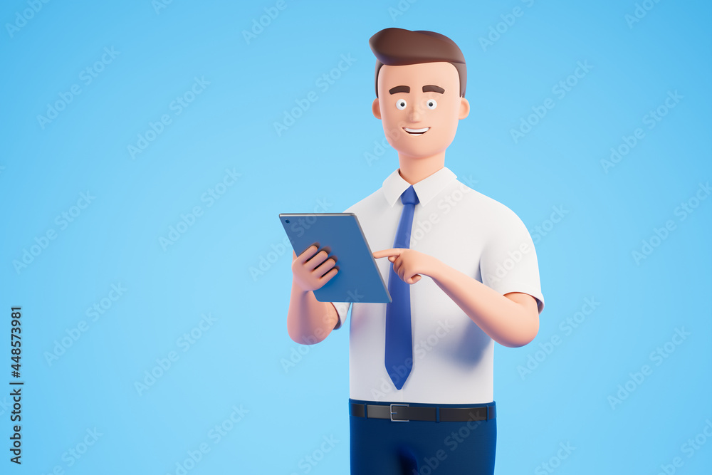 Portrait happy cartoon businessman character in white shirt work with digital tablet over blue background.